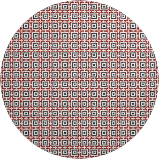 8' Red Black And Ivory Geometric Washable Round Rug With UV Protection Photo 2