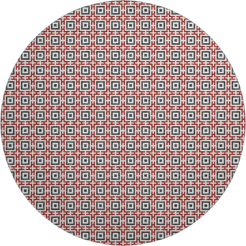 8' Red Black And Ivory Geometric Washable Round Rug With UV Protection Photo 2