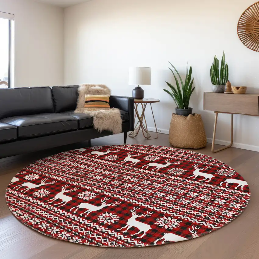 8' Red Black And Ivory Round Animal Print Washable Indoor Outdoor Area Rug Photo 6