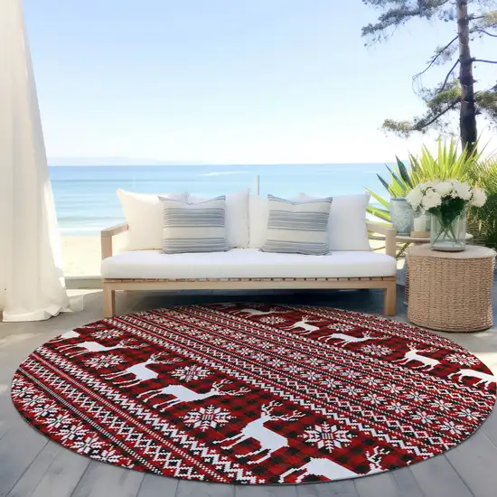 8' Red Black And Ivory Round Animal Print Washable Indoor Outdoor Area Rug Photo 5