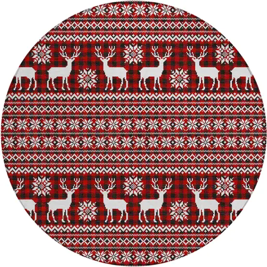 8' Red Black And Ivory Round Animal Print Washable Indoor Outdoor Area Rug Photo 1