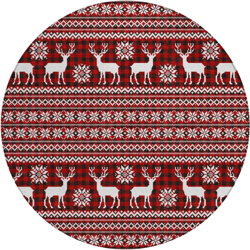8' Red Black And Ivory Round Animal Print Washable Indoor Outdoor Area Rug Photo 1