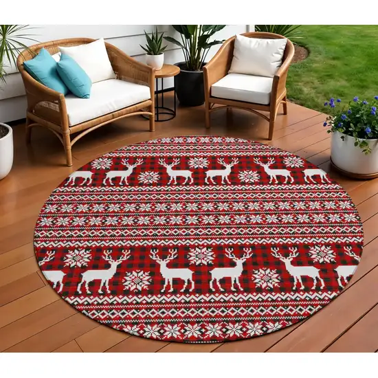 8' Red Black And Ivory Round Animal Print Washable Indoor Outdoor Area Rug Photo 2