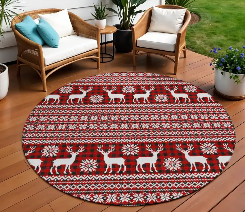 8' Red Black And Ivory Round Animal Print Washable Indoor Outdoor Area Rug Photo 2