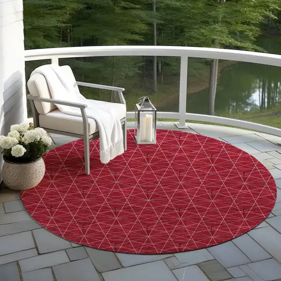 8' Red Black And Ivory Round Geometric Washable Indoor Outdoor Area Rug Photo 6