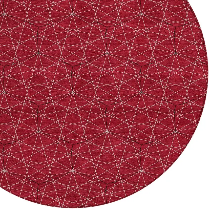 8' Red Black And Ivory Round Geometric Washable Indoor Outdoor Area Rug Photo 4