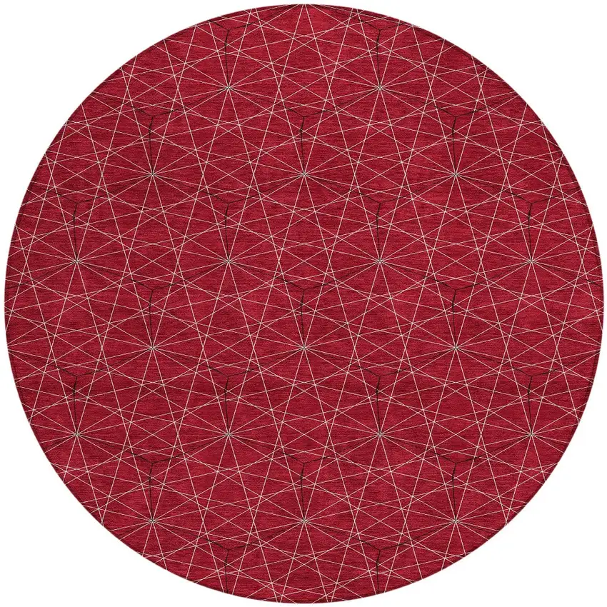 8' Red Black And Ivory Round Geometric Washable Indoor Outdoor Area Rug Photo 5