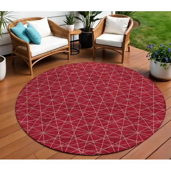 8' Red Black And Ivory Round Geometric Washable Indoor Outdoor Area Rug Photo 1
