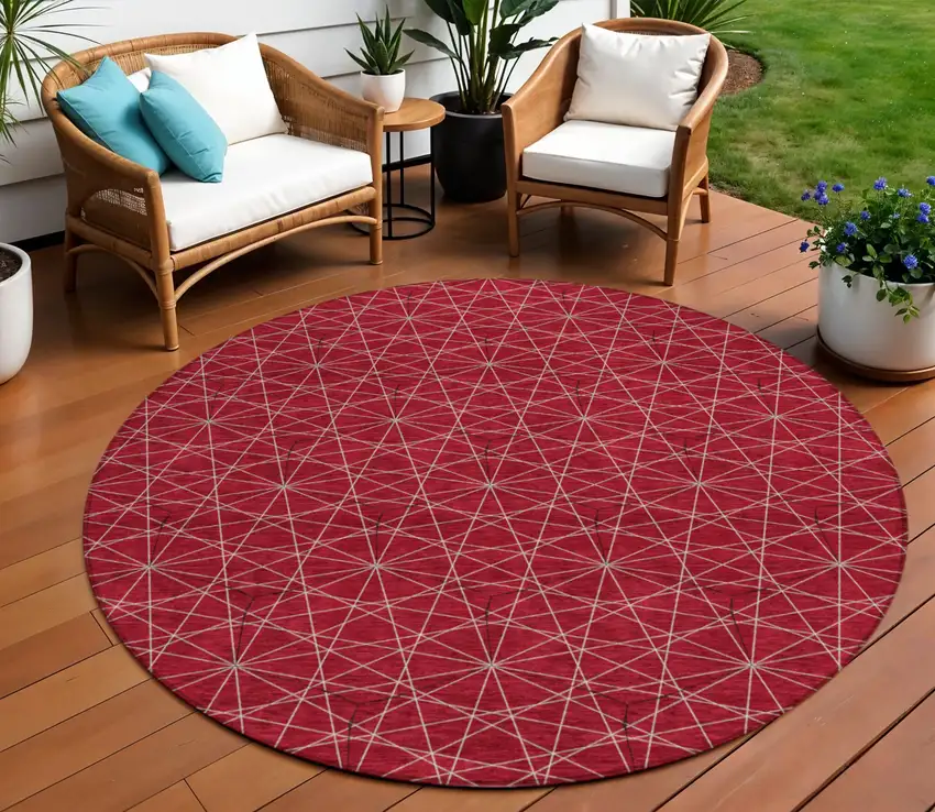 8' Red Black And Ivory Round Geometric Washable Indoor Outdoor Area Rug Photo 1