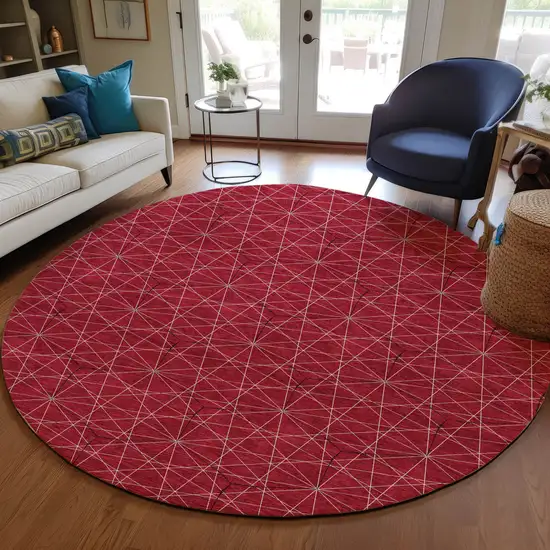 8' Red Black And Ivory Round Geometric Washable Indoor Outdoor Area Rug Photo 7