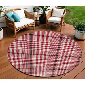 Photo of 8' Red Black And Ivory Round Plaid Washable Indoor Outdoor Area Rug