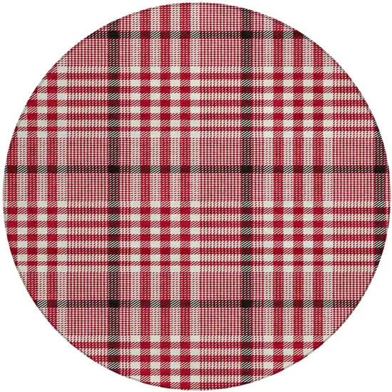 8' Red Black And Ivory Round Plaid Washable Indoor Outdoor Area Rug Photo 2