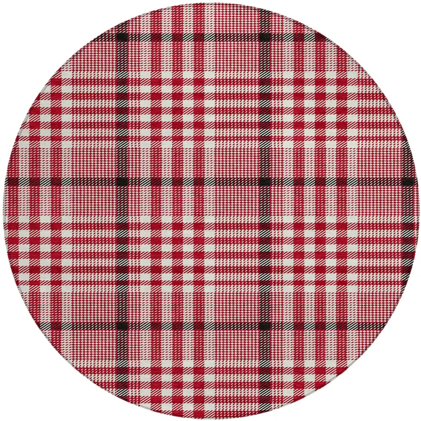 8' Red Black And Ivory Round Plaid Washable Indoor Outdoor Area Rug Photo 2
