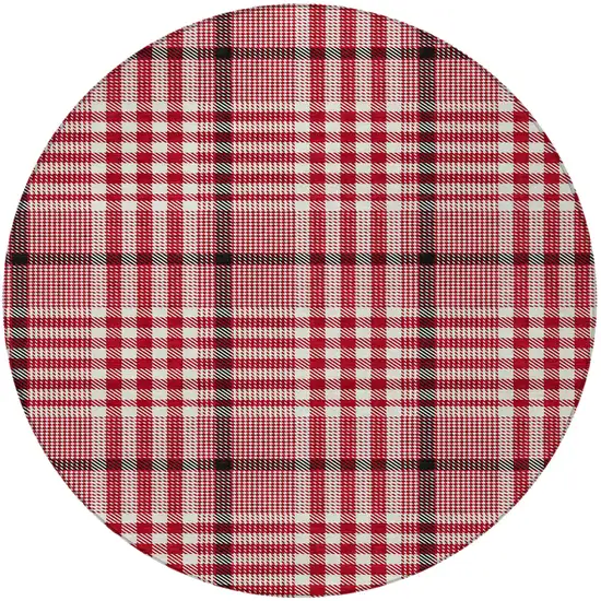 8' Red Black And Ivory Round Plaid Washable Indoor Outdoor Area Rug Photo 5
