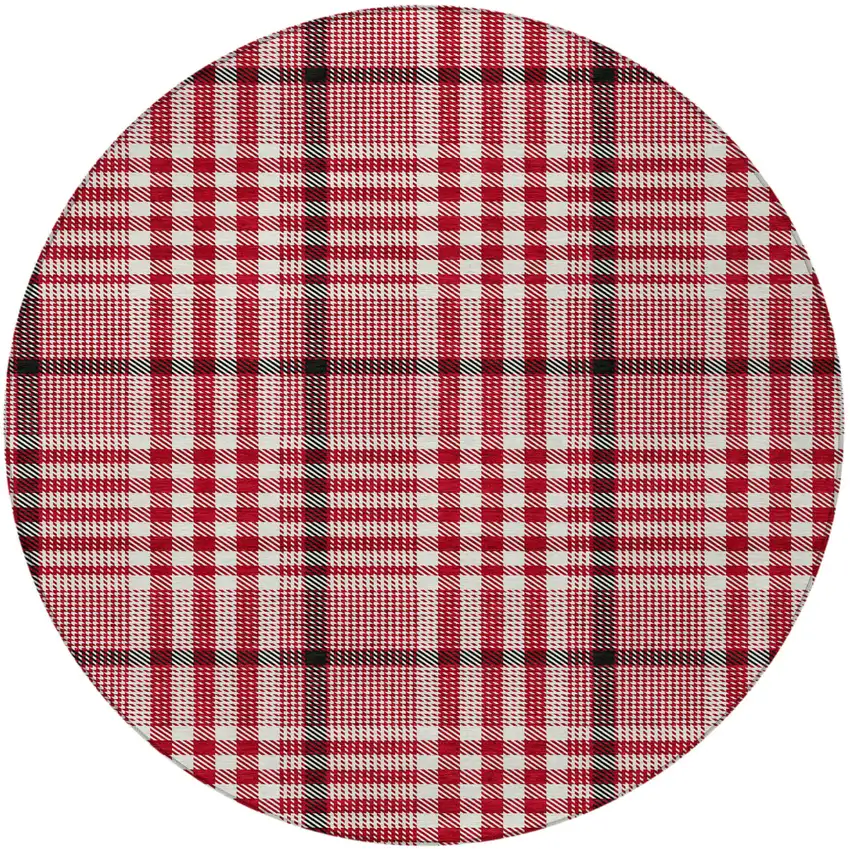 8' Red Black And Ivory Round Plaid Washable Indoor Outdoor Area Rug Photo 5