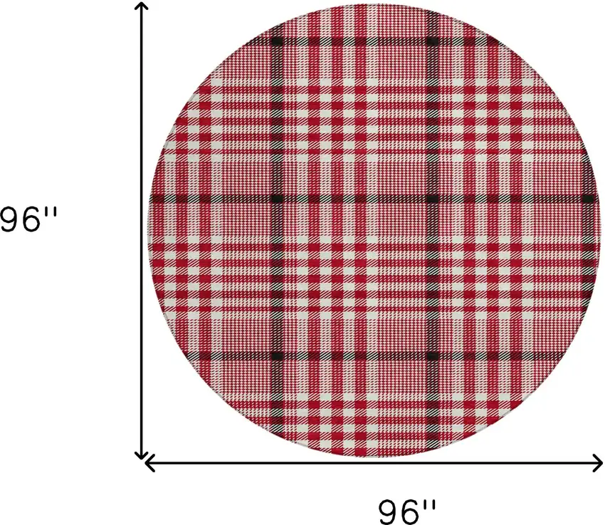 8' Red Black And Ivory Round Plaid Washable Indoor Outdoor Area Rug Photo 8