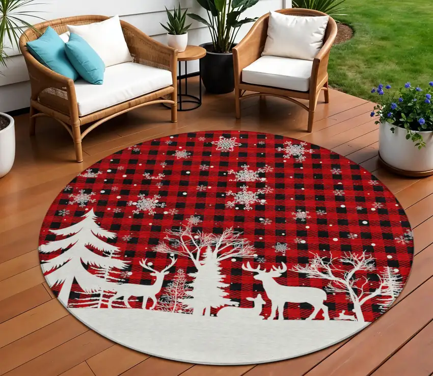 8' Red Black And Ivory Round Plaid Washable Indoor Outdoor Area Rug Photo 2