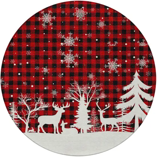 8' Red Black And Ivory Round Plaid Washable Indoor Outdoor Area Rug Photo 3