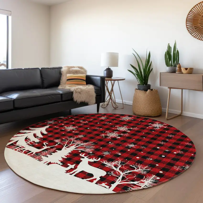 8' Red Black And Ivory Round Plaid Washable Indoor Outdoor Area Rug Photo 5
