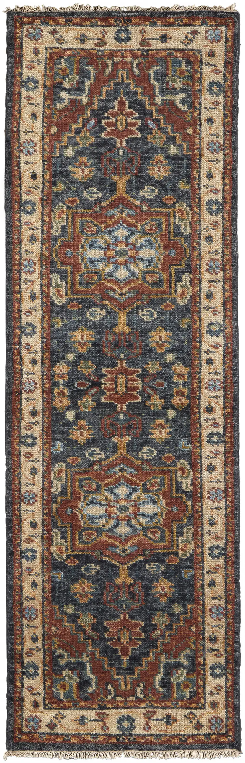 8' Red Black And Ivory Wool Floral Hand Knotted Stain Resistant Runner Rug Photo 1