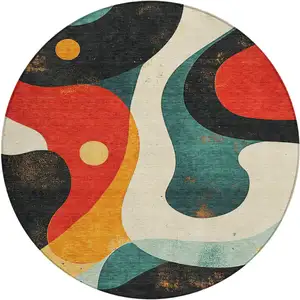 Photo of 8' Red Black And Teal Blue Round Abstract Washable Indoor Outdoor Area Rug
