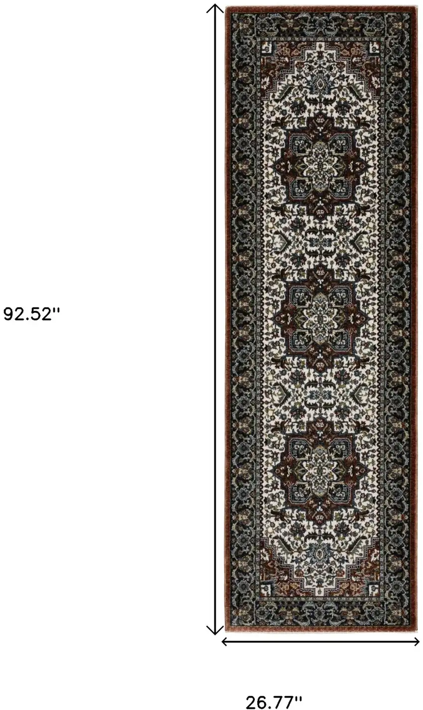 8' Red Black And White Medallion Runner Rug With Fringe Photo 3