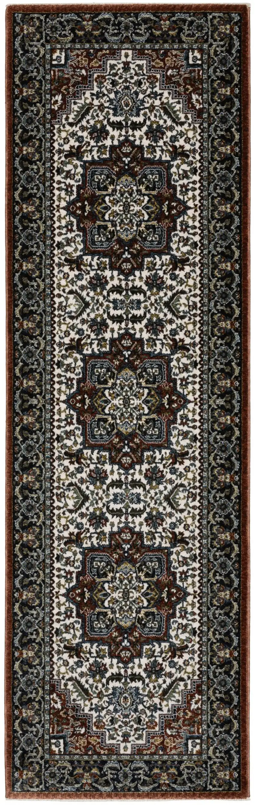 8' Red Black And White Medallion Runner Rug With Fringe Photo 2
