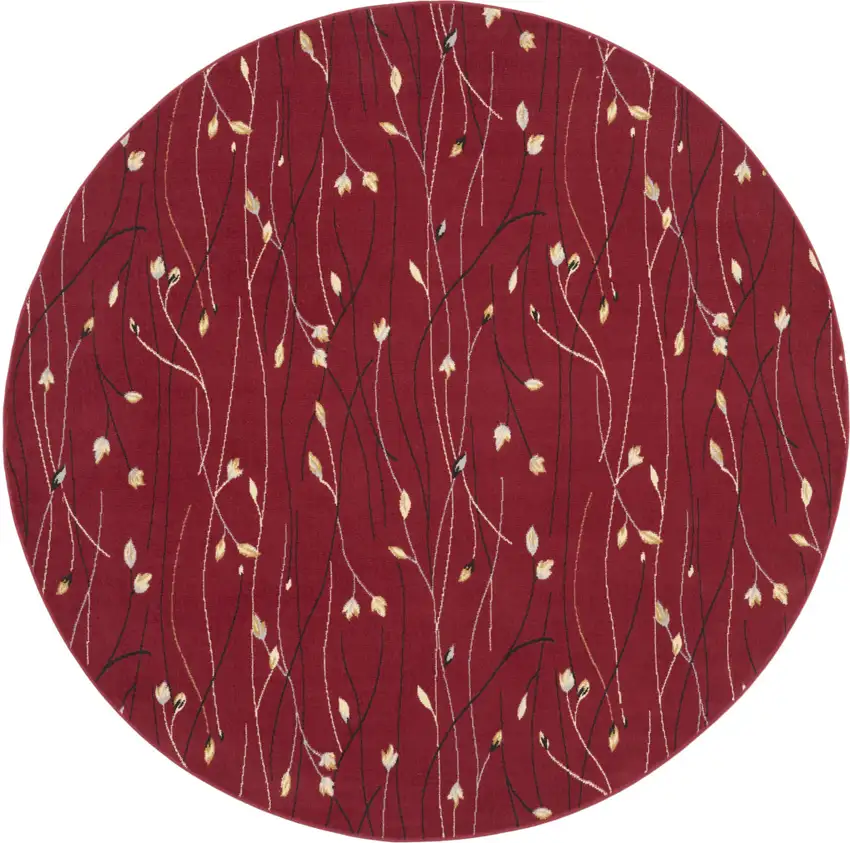 8' Red Black and Ivory Round Floral Vines Power Loom Area Rug Photo 2