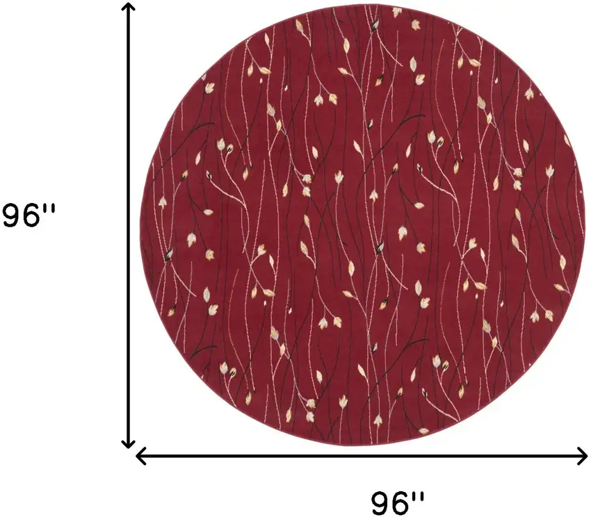 8' Red Black and Ivory Round Floral Vines Power Loom Area Rug Photo 3