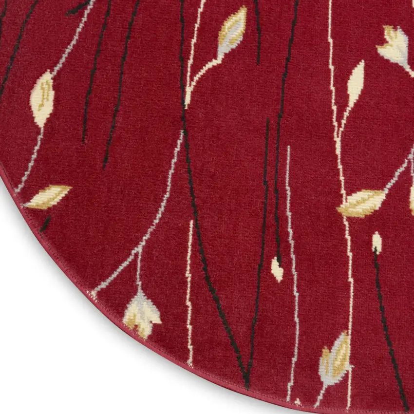 8' Red Black and Ivory Round Floral Vines Power Loom Area Rug Photo 8