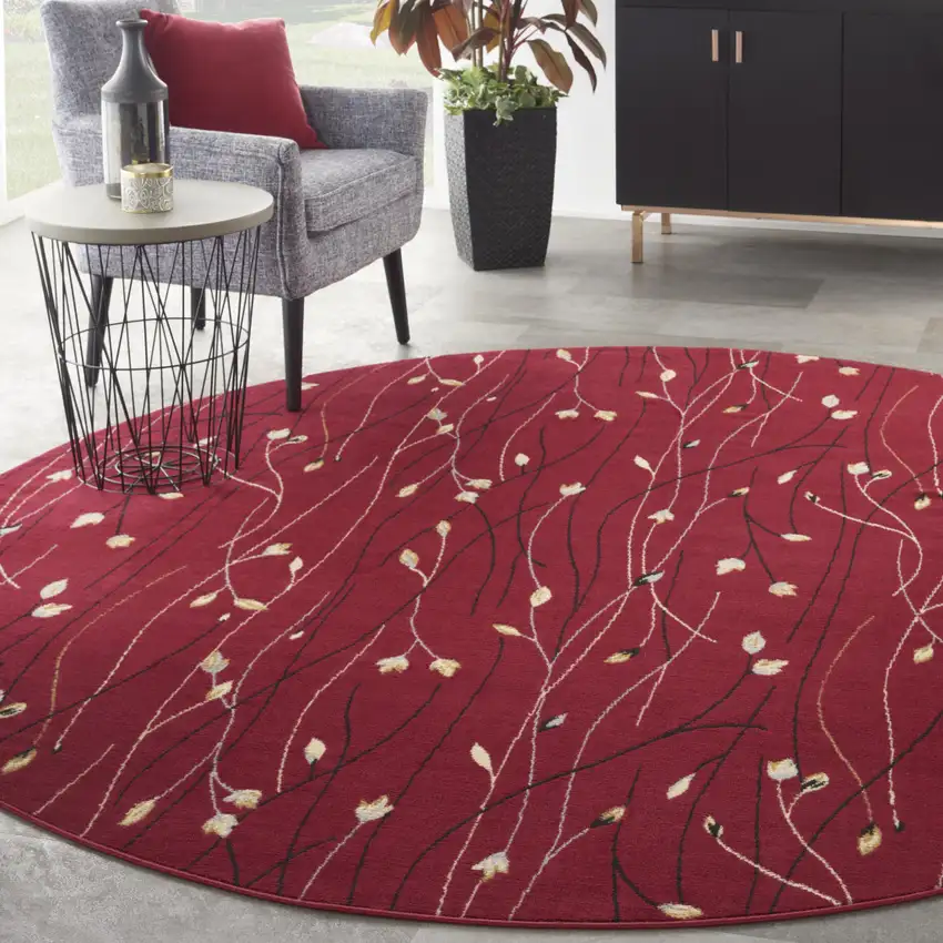 8' Red Black and Ivory Round Floral Vines Power Loom Area Rug Photo 4