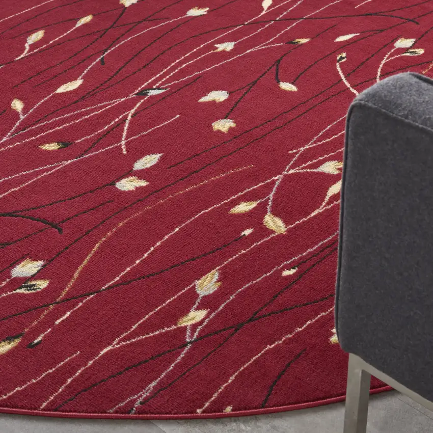 8' Red Black and Ivory Round Floral Vines Power Loom Area Rug Photo 9