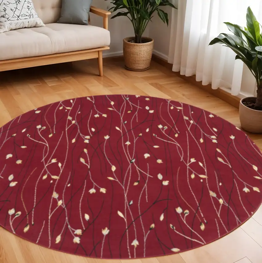 8' Red Black and Ivory Round Floral Vines Power Loom Area Rug Photo 1