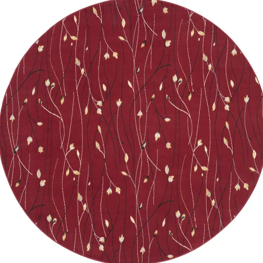 8' Red Black and Ivory Round Floral Vines Power Loom Area Rug Photo 7