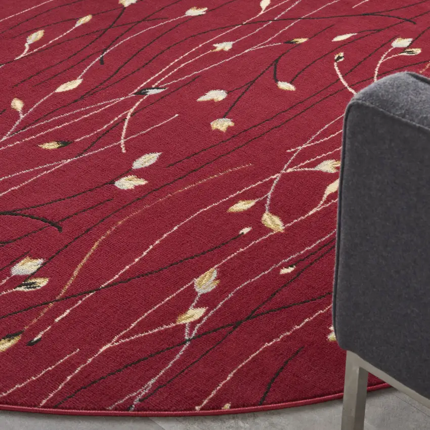 8' Red Black and Ivory Round Floral Vines Power Loom Area Rug Photo 5
