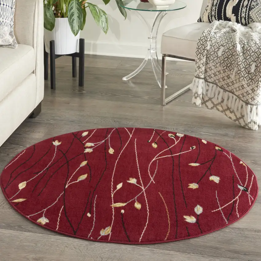 5' Red Black and Ivory Round Floral Vines Power Loom Area Rug Photo 4