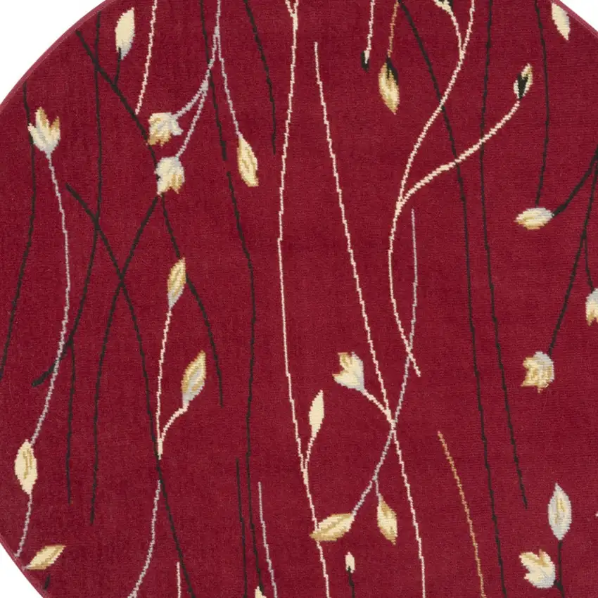 5' Red Black and Ivory Round Floral Vines Power Loom Area Rug Photo 6