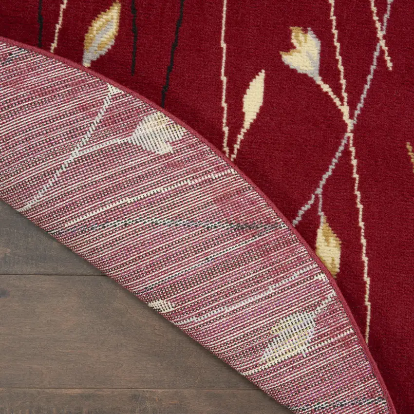 5' Red Black and Ivory Round Floral Vines Power Loom Area Rug Photo 9