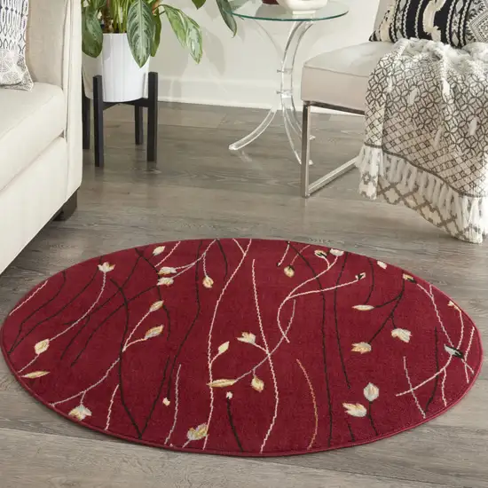 4' Red Black And Ivory Floral Vines Round Rug Photo 4