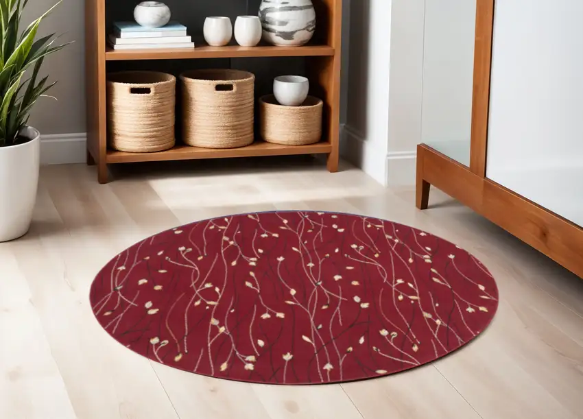4' Red Black and Ivory Round Floral Vines Power Loom Area Rug Photo 1