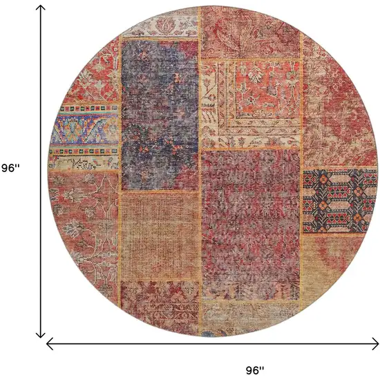 8' Red Blue And Gold Patchwork Washable Round Rug With UV Protection Photo 3