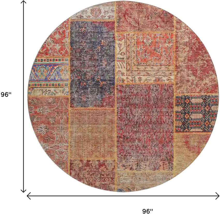 8' Red Blue And Gold Patchwork Washable Round Rug With UV Protection Photo 3