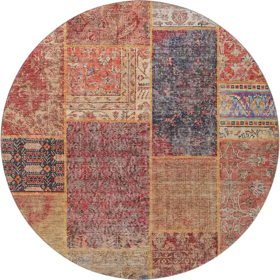 8' Red Blue And Gold Patchwork Washable Round Rug With UV Protection Photo 4