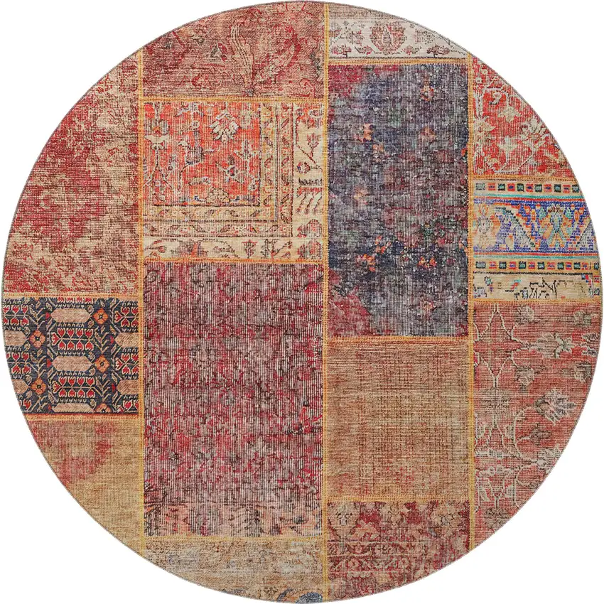 8' Red Blue And Gold Patchwork Washable Round Rug With UV Protection Photo 4