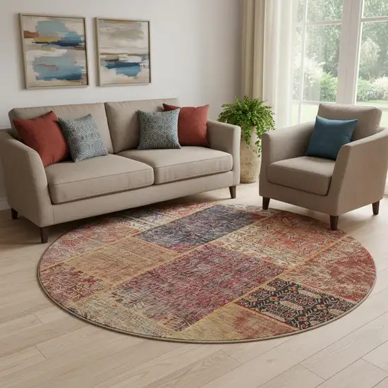 8' Red Blue And Gold Patchwork Washable Round Rug With UV Protection Photo 1