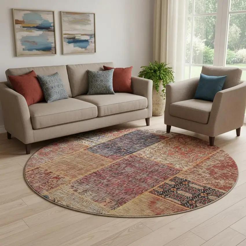 8' Red Blue And Gold Patchwork Washable Round Rug With UV Protection Photo 1