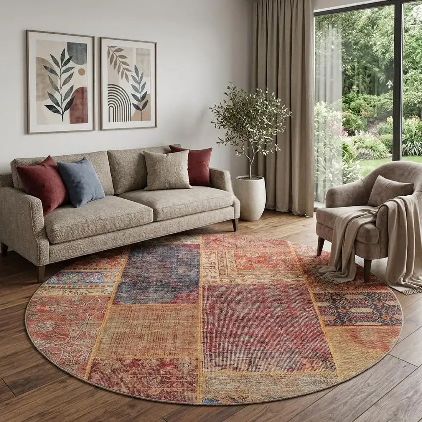 8' Red Blue And Gold Patchwork Washable Round Rug With UV Protection Photo 1