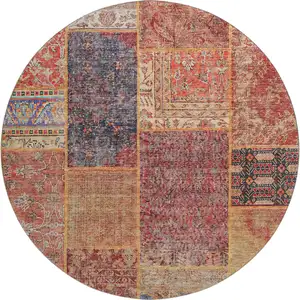 Photo of 8' Red Blue And Gold Patchwork Washable Round Rug With UV Protection