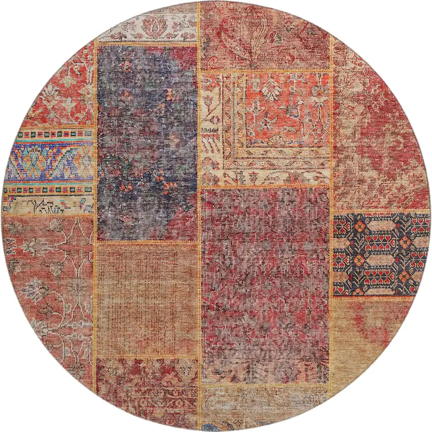 8' Red Blue And Gold Patchwork Washable Round Rug With UV Protection Photo 1