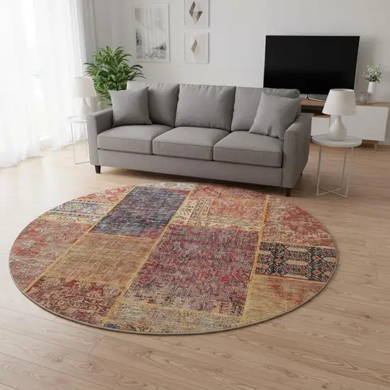 8' Red Blue And Gold Patchwork Washable Round Rug With UV Protection Photo 2